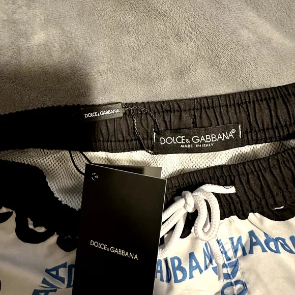 Dolce & Gabbana Kids Swim Trunks in White with Black and Blue Patterns - Picture 2 of 2